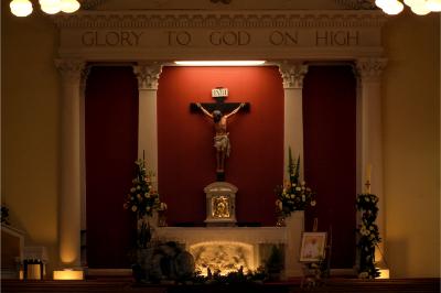 The altar at St. Mary's Oratory Catholic Church, Buncrana. Note the portrait of the late Pope Francis.